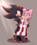  1boy 1girl :o amy_rose animal_nose artist_name blush boots carrying closed_mouth dress full_body furry furry_female furry_male green_eyes hairband lunaerim princess_carry red_dress red_eyes red_footwear red_hairband shadow_the_hedgehog sonic_(series) 