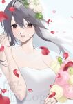  1girl alternate_costume bangs bouquet breasts bridal_veil brown_eyes dress eyebrows_visible_through_hair flower grey_hair hair_flower hair_ornament haruna_(kancolle) highres holding holding_bouquet jewelry kantai_collection long_hair parted_lips petals picoli1313 pink_flower red_flower ring solo strapless strapless_dress upper_body veil wedding_band wedding_dress white_dress white_flower 