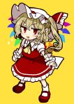  1girl ascot blonde_hair chibi crystal fang flandre_scarlet frilled_shirt_collar frilled_sleeves frills full_body hat highres maa_(forsythia1729) mary_janes medium_hair mob_cap one_side_up puffy_short_sleeves puffy_sleeves red_eyes red_footwear red_skirt red_vest shirt shoes short_sleeves skirt touhou vest white_shirt wings yellow_ascot 