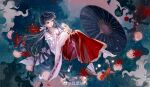  1girl black_hair dark_background falling full_body hakama highres inuyasha japanese_clothes kikyou_(inuyasha) moon orb ponytail shoes single_shoe socks solo tagme umbrella yi_ke_guo 