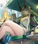  1girl absurdres ahoge arknights bare_legs black_cape book bug butterfly cape chinese_commentary commentary_request crossed_legs cup drinking_glass drinking_straw feet_out_of_frame flame-tipped_tail green_eyes grey_hair grey_skirt highres holding holding_book horns jacket jiusan_naitan long_hair miniskirt pencil_skirt reed_(arknights) reed_(emerald_holiday)_(arknights) sitting skirt solo thighs very_long_hair white_jacket 
