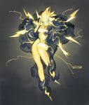  1girl baniran_dorosu black_cloud blonde_hair blue_eyes clouds colored_skin electricity hair_between_eyes horns long_hair monster_girl navel original parted_lips personification solo spiky_hair thunder_(baniran_dorosu) twitter_username wide-eyed yellow_horns yellow_skin 