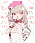  1girl :d absurdres bare_shoulders blush bow braid drawing_tablet dress fang grey_hair hair_bow hand_up hat hat_ornament heart_hat_ornament highres holding holding_stylus long_hair looking_at_viewer makaino_ririmu nijisanji pink_eyes pink_headwear pointy_ears skin_fang smile solo spaghetti_strap stylus translation_request twin_braids utsusumi_kio white_dress 