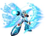  1boy android arm_cannon armor armored_boots black_gloves bodysuit boots clenched_teeth energy_cannon full_body gloves green_eyes helmet highres joints looking_away mega_man_(series) mega_man_x_(character) mega_man_x_(series) mega_man_x_dive mizuno_keisuke neon_trim official_art parted_lips robot robot_joints shoulder_armor solo standing teeth weapon 