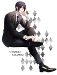  1boy black_hair black_suit brown_eyes character_name checkered_background cma_cmakuma dress_shoes formal full_body gintama hair_between_eyes hair_over_one_eye highres necktie parted_lips pinstripe_pattern pinstripe_suit plaid_necktie short_hair sitting solo striped suit takasugi_shinsuke tie_clip watch watch 