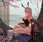  1girl animal_ears anklet barefoot bow braid branch breasts cherry_blossoms collar dress elbow_gloves facepaint facial_mark gloves grey_hair hair_ornament highres hill jewelry kaavi lamp large_breasts long_hair looking_to_the_side mahjong_soul navel no_bra rabbit_ears s2rid side_braid sideboob sitting stone_floor tight tight_dress yellow_eyes yostar 