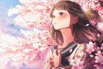  1girl bangs blouse blush branch brown_eyes brown_hair cherry_blossoms clouds floating_hair hands_up highres looking_away medium_hair original outdoors parted_lips petals sailor_collar shirt solo tsujin_bohboh upper_body wind 