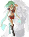  1girl armor breasts closed_mouth dark-skinned_female dark_skin emerada_(xenogears) full_body green_hair highres long_hair looking_at_viewer midriff nanpou_(nanpou0021) navel scarf shoulder_armor skirt solo thigh-highs torn_clothes xenogears yellow_eyes zoom_layer 