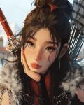  1girl absurdres blurry blurry_background brown_eyes brown_hair freckles hand_on_own_face highres jewelry linn_(sam_yang) lips long_hair looking_at_viewer original sam_yang solo sword weapon 