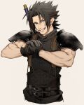  1boy armor bangs belt black_gloves black_hair blue_eyes crisis_core_final_fantasy_vii earrings final_fantasy final_fantasy_vii gloves highres inuue15 jewelry lower_teeth multiple_belts muscular muscular_male own_hands_together parted_bangs shoulder_armor single_earring sleeveless sleeveless_turtleneck smile solo spiky_hair suspenders teeth turtleneck upper_body upper_teeth weapon weapon_on_back zack_fair 