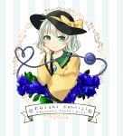  1girl blue_background blue_flower blue_rose bow buttons character_name closed_mouth collared_shirt commentary_request diamond_button eyeball flower frilled_shirt_collar frilled_sleeves frills green_eyes green_hair hand_on_own_face happy hat hat_bow heart heart_of_string highres komeiji_koishi light_green_hair long_sleeves looking_at_viewer medium_hair pppia725 rose shirt simple_background smile solo striped striped_background sun_hat third_eye touhou two-tone_background upper_body wavy_hair white_background wide_sleeves yellow_bow yellow_shirt 