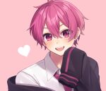  1boy blush collared_shirt ear_piercing earrings fang heart highres ireisu jewelry long_sleeves looking_at_viewer male_focus naiko_(ireisu) necktie o8uin open_mouth piercing pink_background pink_eyes pink_hair shirt short_hair sleeves_past_fingers sleeves_past_wrists smile solo white_shirt 