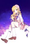  1girl absurdres blonde_hair blush hat highres hukka_(hukka_ready) idol idolmaster idolmaster_cinderella_girls loafers long_hair looking_at_viewer loose_socks mini_hat night night_sky ohtsuki_yui on_stairs shoes sitting sky smile solo stairs star_(sky) thigh_strap 