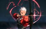  1boy archer_(fate) arrow_(projectile) bow_(weapon) dark-skinned_male dark_skin fate/stay_night fate_(series) highres holding holding_arrow holding_bow_(weapon) holding_weapon male_focus muscular muscular_male short_hair solo tobu_0w0 upper_body weapon white_hair 