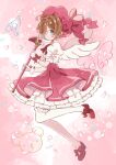  1girl :&gt; ahoge bangs blush bow brown_hair cardcaptor_sakura cherry_blossoms closed_mouth diamond_(shape) floating footwear_bow frilled_legwear frilled_shirt_collar frills fuuin_no_tsue glove_bow gloves green_eyes hat hat_bow holding holding_wand kinomoto_sakura magical_girl myaco9 neck_ribbon one_eye_covered petals petticoat puffy_short_sleeves puffy_sleeves ribbon shirt short_hair short_sleeves signature smile solo standing standing_on_one_leg thigh-highs wand wings 
