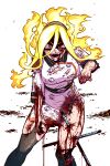  1girl belt black_legwear blonde_hair blood blood_on_face blood_on_hands blood_on_leg boku_no_hero_academia breasts burnin_(boku_no_hero_academia) crazy_eyes dress fangs fiery_hair hairband impaled injury kingbawoon knees_up korean_commentary large_breasts long_hair looking_at_viewer mast open_mouth simple_background solo standing teeth thigh-highs thighs torn_clothes torn_dress torn_legwear v-shaped_eyebrows white_background white_dress 