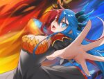  1girl angry bangs between_breasts blue_eyes blue_fire blue_hair blue_horns breasts bright_pupils casting_spell commission commissioner_upload dragon_girl dragon_horns dress eyebrows_visible_through_hair fire heterochromia highres horns incoming_attack incoming_punch inferna_dragnis large_breasts long_hair looking_at_viewer magic monster_girl multicolored_hair multicolored_horns necktie necktie_between_breasts open_hand open_mouth orange_eyes original punching red_horns redhead solo split-color_hair standing symbol-shaped_pupils two-tone_hair usagi1923 white_pupils 