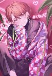  1boy blush checkered_clothes checkered_sleeves earrings facing_viewer head_rest heart highres jewelry long_sleeves looking_at_viewer male_focus maru_futab maruyama_reo paradox_live pink_background red_eyes redhead short_hair solo 