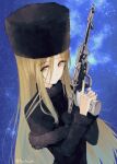  1girl black_coat black_headwear blonde_hair blue_sky coat fur_hat ginga_tetsudou_999 girls_und_panzer gun hat holding holding_weapon long_hair long_sleeves looking_at_viewer maetel nekonyaa_(girls_und_panzer) sky solo weapon yellow_eyes yurikuta_tsukumi 