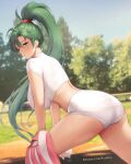  1girl ass aztodio bangs baseball baseball_mitt blurry blurry_background blush breasts fire_emblem fire_emblem:_the_blazing_blade green_eyes green_hair large_breasts long_hair looking_at_viewer lyn_(fire_emblem) midriff outdoors parted_lips ponytail shirt short_sleeves shorts solo thighs very_long_hair white_shirt white_shorts 