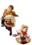  2boys animal_print baggy_pants baozi belt blue_eyes boots brown_hair cape capelet child crossed_legs food gauntlets hand_on_hip highres itto_(mentaiko) japanese_clothes kimono looking_at_viewer looking_to_the_side male_focus mature_male multiple_boys muscular muscular_male pants pectoral_cleavage pectorals sandals sangokushi_puzzle_taisen sideburns sitting skirt smile smirk spiky_hair sun_quan sun_quan_(sangokushi_taisen) teeth tiger_print white_background yukata 