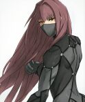  1girl back bangs black_bodysuit bodysuit cluhob fate/grand_order fate_(series) gloves hand_up highres latex latex_bodysuit long_hair looking_at_viewer mask mouth_mask red_eyes redhead scathach_(fate) solo white_background 