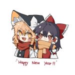 2girls :d ahoge bangs black_bow black_dress black_hair blonde_hair blush_stickers bow braid brown_eyes chibi covered_mouth dress eyebrows_visible_through_hair frilled_bow frilled_hat frills hair_bow hakurei_reimu happy_new_year hat hitte5416 kirisame_marisa looking_at_another medium_hair messy_hair multiple_girls red_bow red_scarf red_vest scarf shirt smile sparkle touhou vest white_shirt witch_hat yellow_eyes yellow_scarf 