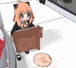  1girl aiu404l among_us anya_(spy_x_family) blush car child crying crying_with_eyes_open dress failure food green_eyes ground_vehicle highres meme motor_vehicle oekaki outdoors pink_hair pizza pizza_box pizza_hut solo spy_x_family tears 