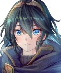  1girl absurdres bangs blue_cape blue_eyes blue_hair cape clear_glass_(mildmild1311) collar commentary eyebrows_visible_through_hair fire_emblem fire_emblem_awakening hair_between_eyes highres long_hair looking_at_viewer lucina_(fire_emblem) signature smile solo symbol-shaped_pupils symbol_in_eye tiara turtleneck twitter_username white_background 