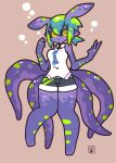  1girl absurdres black_sclera black_shorts blue_hair blue_necktie body_markings brown_background bubble cephalopod_eyes collared_vest colored_sclera colored_skin full_body green_hair green_skin hair_between_eyes hands_up highres hz_ebfry monster_girl multicolored_hair necktie original pointy_ears purple_necktie purple_skin short_hair short_pointy_ears short_ponytail shorts signature sleeveless solo standing standing_on_one_leg striped_belt striped_necktie tentacle_hair tentacles v vest white_vest yellow_eyes 