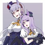  2girls :d alternate_eye_color animal_ears bangs black_gloves black_headwear black_skirt border bow demon_wings enonko fang flower gloves gold_ship_(umamusume) green_flower green_rose hair_bow halloween_costume highres horse_ears horse_girl long_hair looking_at_viewer mejiro_mcqueen_(umamusume) multiple_girls neckerchief open_mouth purple_background purple_hair red_eyes red_flower red_rose rose shirt short_sleeves skirt smile umamusume violet_eyes white_border white_shirt wings yellow_neckerchief 