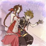  1boy 1girl aerith_gainsborough arms_behind_back bangs belt black_shorts braid braided_ponytail breasts brown_hair cropped_jacket dress final_fantasy final_fantasy_vii fingerless_gloves gloves green_eyes hair_between_eyes hair_ribbon jewelry kingdom_hearts kingdom_hearts_ii medium_breasts multicolored_clothes multicolored_dress necklace open_mouth parted_bangs parted_lips ribbon short_sleeves shorts sidelocks smile sora_(kingdom_hearts) spiky_hair stairs talesofmea teeth upper_body upper_teeth wavy_hair 