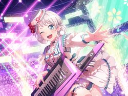 bang_dream! blush dress green_eyes grey_hair official_art short_hair smile wakamiya_eve wink