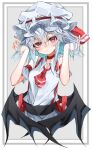  1girl absurdres alternate_costume ascot bat_wings blue_hair choker eyebrows_visible_through_hair hair_between_eyes hat highres looking_at_viewer mob_cap red_ascot red_choker red_eyes remilia_scarlet solo touhou tsune_(tune) white_headwear wings 