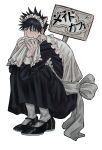  1boy animal_ears ankle_socks apron bangs black_dress black_footwear black_hair blush bow cat_ears covering_mouth crossdressing dress frilled_apron frills full_body fushiguro_megumi fushirun_rung green_eyes hair_between_eyes hair_ornament highres holding holding_sign jujutsu_kaisen long_sleeves looking_at_viewer maid maid_apron maid_headdress male_focus mary_janes placard shoes short_hair sign socks solo spiky_hair squatting sweatdrop white_background white_bow white_legwear 