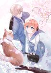  amicis_(amisic) blue_eyes brown_hair cat cherry_blossoms gintama highres kagura_(gintama) okita_sougo orange_hair school_uniform spring_(season) 