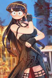  1girl arwald black_dress black_gloves black_hair blood blood_splatter cosplay dress gloves highres holding komi-san_wa_komyushou_desu komi_shouko long_hair looking_at_viewer no_mouth solo spy_x_family thigh-highs weapon yor_briar yor_briar_(cosplay) 