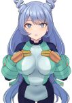  1girl bangs blue_eyes blush bodysuit boku_no_hero_academia breasts bright_pupils covered_collarbone covered_navel cowboy_shot dot_nose drill_hair eyebrows_visible_through_hair hadou_nejire hands_on_own_chest hands_up large_breasts long_hair looking_at_viewer open_mouth parted_bangs shiny shiny_hair shiseki_hirame simple_background solo very_long_hair white_background white_pupils 