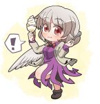  ! 1girl blush brown_footwear closed_mouth dress eyebrows_visible_through_hair feathered_wings full_body hair_between_eyes holding holding_spoon jacket kishin_sagume long_sleeves open_clothes open_jacket parfait purple_dress red_eyes rokugou_daisuke shoes short_hair signature single_wing solo spoken_exclamation_mark spoon touhou white_hair white_jacket white_wings wings 