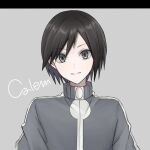  1boy bangs black_hair calem_(pokemon) character_name commentary eyebrows_visible_through_hair grey_background grey_eyes grey_jacket highres jacket looking_at_viewer male_focus nasakixoc parted_lips pokemon pokemon_(game) pokemon_xy short_hair smile solo turtleneck turtleneck_jacket upper_body 