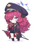 1girl armband black_shirt blue_archive book chibi halo hat iroha_(blue_archive) jacket looking_at_viewer military military_hat military_uniform minoa_(lastswallow) necktie purple_background red_necktie redhead safety_pin shirt simple_background solo uniform 