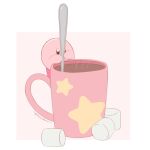  1boy animated animated_gif artist_name blue_eyes border chocomiru cup food hot_chocolate kirby kirby_(series) marshmallow mixing mug no_humans pink_background signature simple_background solo star_(symbol) steam stirring white_border 