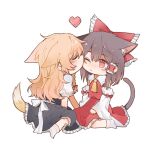  2girls :/ animal_ears ascot bangs bare_shoulders black_dress black_hair blonde_hair blush bow braid cat_ears commentary detached_sleeves dog_ears dog_tail dress extra_ears eyebrows_visible_through_hair frilled_bow frills from_behind hair_bow hakurei_reimu heart hitte5416 kemonomimi_mode kirisame_marisa kiss kissing_cheek long_sleeves looking_at_another multiple_girls puffy_short_sleeves puffy_sleeves red_bow red_eyes red_skirt red_vest seiza shirt short_sleeves sitting skirt skirt_set socks tail touhou vest white_bow white_legwear white_shirt wide_sleeves yellow_ascot yuri 