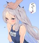  1boy 1girl absurdres bangs blue_archive blue_swimsuit blush flying_sweatdrops grey_hair hair_ornament hairclip headpat highres hina_(swimsuit)_(blue_archive) horns long_hair one-piece_swimsuit osanpo02 parted_bangs school_swimsuit swimsuit twintails very_long_hair violet_eyes whistle whistle_around_neck 
