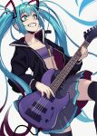  1girl absurdres ahoge black_jacket black_legwear blue_eyes blue_hair breasts clenched_teeth collarbone crazy_eyes crop_top electric_guitar eximmetry fangs grey_skirt guitar hatsune_miku highres instrument jacket long_hair midriff music open_clothes open_jacket open_mouth playing_instrument pleated_skirt simple_background skirt small_breasts solo teeth thigh-highs thighs twintails very_long_hair vocaloid white_background 