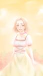 1girl annallee_(suikoden) breasts brown_hair dress forehead gensou_suikoden gensou_suikoden_ii highres looking_at_viewer open_mouth sakai_(motomei) short_hair smile solo 