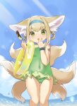  1girl :o animal_ear_fluff animal_ears arknights bare_arms bare_shoulders blue_hairband blue_sky blush braid brown_hair casual_one-piece_swimsuit chocolate_banana clouds collarbone commentary_request covered_navel day feet_out_of_frame food fox_ears fox_girl fox_tail frilled_swimsuit frills green_eyes green_swimsuit hair_rings hairband hand_to_own_mouth hands_up highres holding holding_food horizon innertube kitsune looking_at_viewer ocean one-piece_swimsuit outdoors parted_lips sakurami_sumi sidelocks sky solo standing suzuran_(arknights) swimsuit tail twin_braids water 