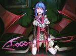  1girl bat_wings blood blood_in_mouth blue_hair commentary dress eximmetry full_body highres holding holding_staff kneeling looking_at_viewer medium_hair pointy_ears puffy_short_sleeves puffy_sleeves red_eyes remilia_scarlet short_sleeves slit_pupils solo staff touhou vampire white_dress wings 