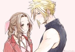  1boy 1girl aerith_gainsborough ancotsubu armor_removed bangs blonde_hair blue_eyes blue_shirt blush braid braided_ponytail brown_hair choker cloud_strife couple dress earrings final_fantasy final_fantasy_vii final_fantasy_vii_remake green_eyes hair_ribbon jacket jewelry parted_bangs pink_background pink_dress red_jacket ribbon shirt sidelocks single_earring sleeveless sleeveless_turtleneck spiky_hair sweat turtleneck upper_body wavy_hair 