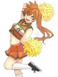  1girl :d absurdres alternate_costume black_footwear boku_no_hero_academia cheerleader explosive grenade highres kendou_itsuka kobaji leg_up long_hair midriff orange_hair orange_shirt orange_skirt pom_pom_(cheerleading) shirt shoes short_sleeves side_ponytail simple_background skirt smile sneakers socks solo white_background white_legwear 